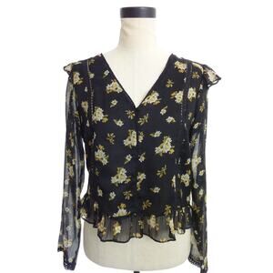 Zara Black Floral Chiffon Blouse Top Medium Boho Flutter Sleeve Semi Sheer